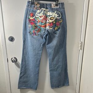Ed Hardy Blue Flare Jeans with Vibrant Embroidery